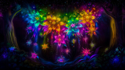 Neon fairy tale forest with luminous flowers, mystery path in dark magical woods, glowing plants and lights in wonderland. Concept of fantasy night, beauty, nature, landscape, art. Generative ai