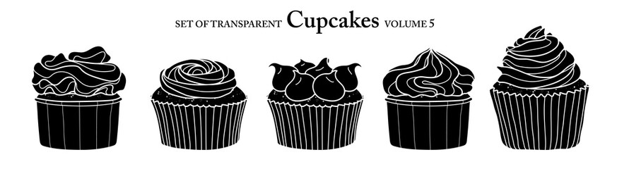 Cupcakes in black silhouette on transparent background. Set of isolated dessert illustration in hand drawn style. Food elements for coloring book, sticker or design. Volume 5.