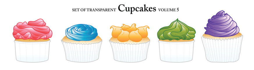 Cupcakes in colorful colors on transparent background. Set of isolated dessert illustration in hand drawn style. Food elements for coloring book, sticker or design. Volume 5.