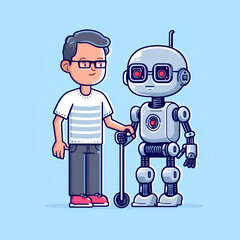a nerdy boy is the guide of a blind robot with dark glasses and a cane, the robot is being assisted by the boy holding the robot