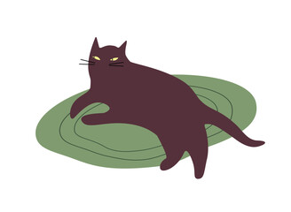 Black cat has rest on green carpet. Lazy kitten lying on mat. Fluffy kitty relaxes on rug. Cute pet on the floor. Recreation of domestic animal. Flat isolated vector illustration on white background