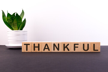 Wooden cubes with word Thankful on a light background
