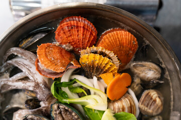 View of the seafood stew in the pot
