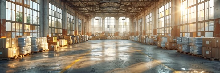 Clean and spacious warehouse interior with stacked boxes on racks