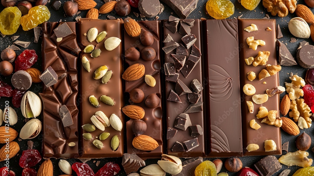 Poster array of chocolates, nuts, and dried fruits arranged on a table, showcasing rich textures and natura