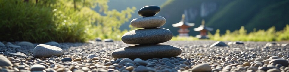 A calming composition of perfectly balanced zen stones amid tranquil nature, inspiring inner peace. Stacked stone pebbles on top of each other, behind a blurred background. 