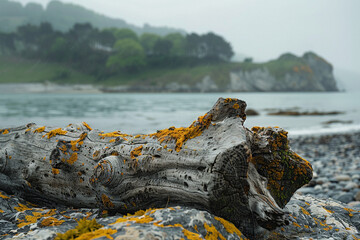 Driftwood covered in moss and seaweed, evoking a sense of ocean life, copy space ethereal, Multilayer, rocky shoreline backdrop