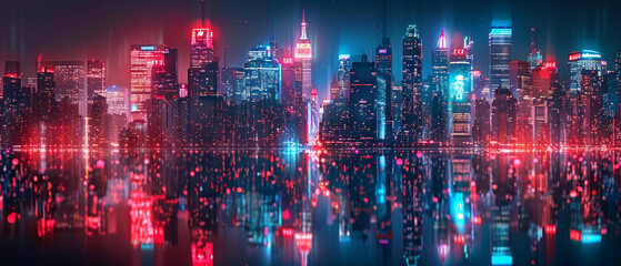 Smart city skyline illuminated with advanced tech, highlighting urban connectivity, selective focus vibrant, Double exposure, modern cityscape backdrop