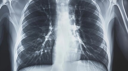 A clinical Xray depicting obstructive lung disease, showing bones and ligaments to provide precise information for a thorough medical assessment