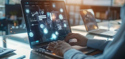 A businessman is using a laptop computer and working on a digital virtual screen hologram