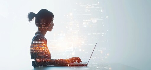 A businessman is using a laptop computer and working on a digital virtual screen hologram