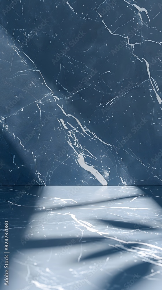 Poster abstract blue marble with white crack background with shadows and rays. empty space for product disp