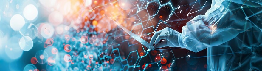 A businessman is using a laptop computer and working on a digital virtual screen hologram