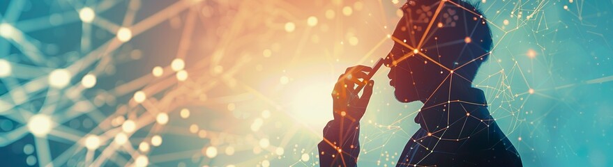 A businessman is using a laptop computer and working on a digital virtual screen hologram