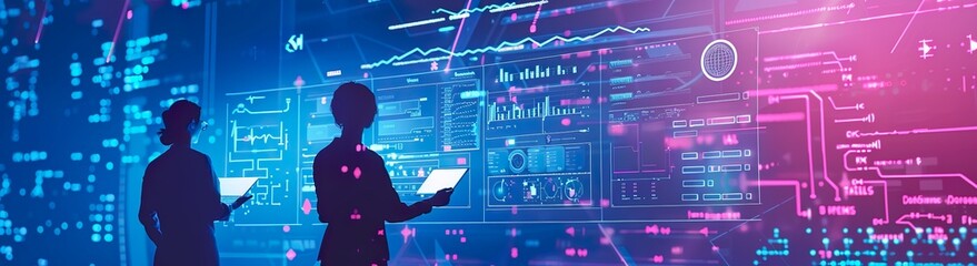 A businessman is using a laptop computer and working on a digital virtual screen hologram