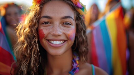 Ultra-realistic group photo of teens at golden hour, celebrating Pride Month with colorful flags and smiles
