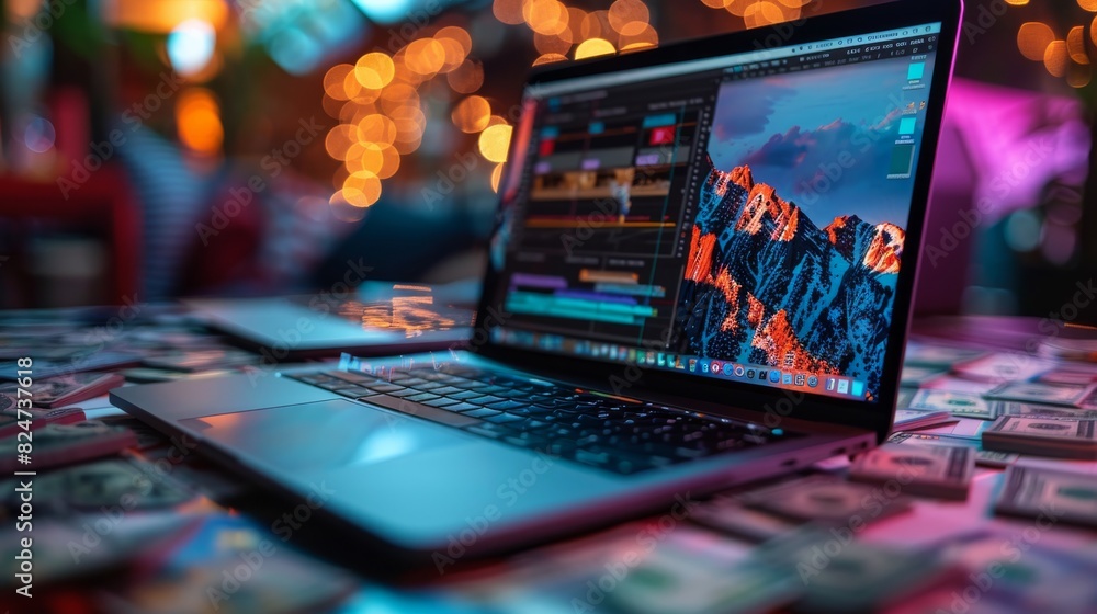 Poster a sleek laptop displaying video editing software, surrounded by colorful dollar bills. generative ai
