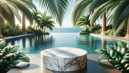 Fototapeta premium marble podium stand elegantly placed in the clear, shimmering waters of a swimming pool