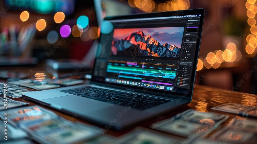 Poster a sleek laptop displaying video editing software, surrounded by colorful dollar bills. generative ai