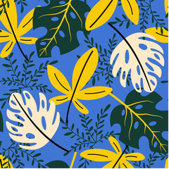 Seamless pattern with abstract tropical exotic leaves. Colorful vector background for various surface. Tropical leaves on a blue background. Seamless exotic pattern with tropical plants.