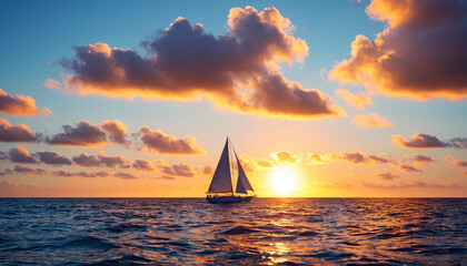 A boat with a sail sails into the sunset. Mediterranean orange sunset. Yacht sailing in an open sea at sunset.