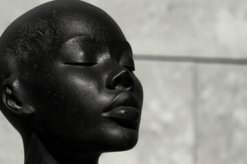 Tranquil and elegant close-up portrait of a serene black mannequin with smooth matte texture and monochromatic facial features
