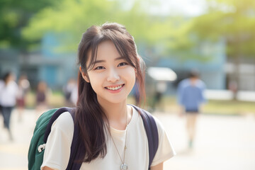 Smiling Asian student in the school playground. Topics related to education. University open house. School door. Back to school. School holidays. China. Japan. Asia.