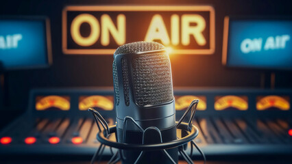 professional microphone set against the vibrant backdrop of a radio station studio