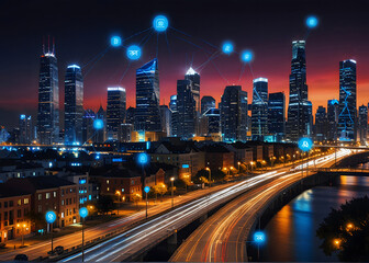 Fototapeta premium Futuristic smart city visualization with 5G connectivity and LPWA networks enabling extensive wireless communication ai_generated