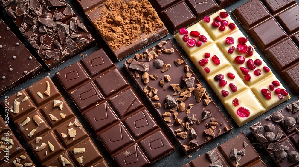 Aufkleber Various chocolate bars in different flavors and types neatly arranged on a table. Generative AI