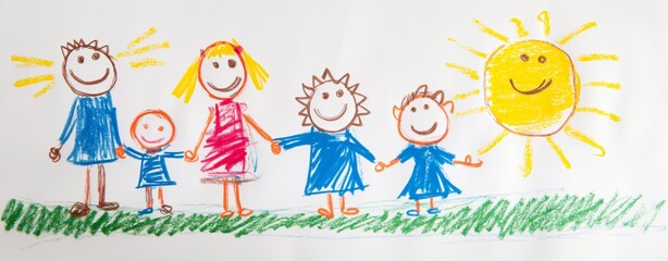 Child's crayon drawing depicts a cheerful family holding hands with a shining sun, showcasing a scene of togetherness, happiness, and simplistic childlike art on a white paper background