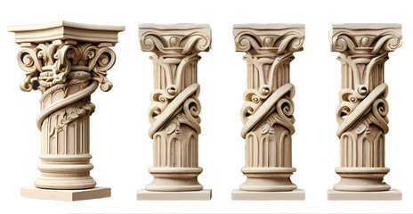 antique column corinthian ionic doric order, Ancient Classic Greek pillar set, Roman Columns, Architecture facade elements Realistic drawing illustration isolated on white background.