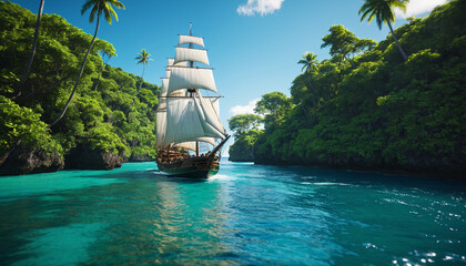 Yacht in the bay with blue clear water. Sailboat dances on Caribbean waves, passing by islands...