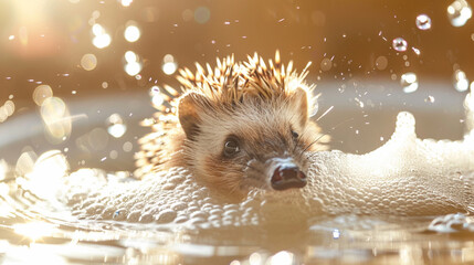 Wet hedgehog i in the modern bath, with foam and water splash close-up with sunlight.