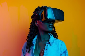 Young african american woman experiencing immersive virtual reality gaming with futuristic vr headset in a colorful neon-lit 3d digital world