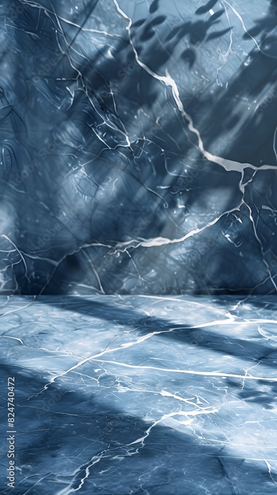 Poster abstract blue marble with white crack background with shadows and rays. empty space for product disp