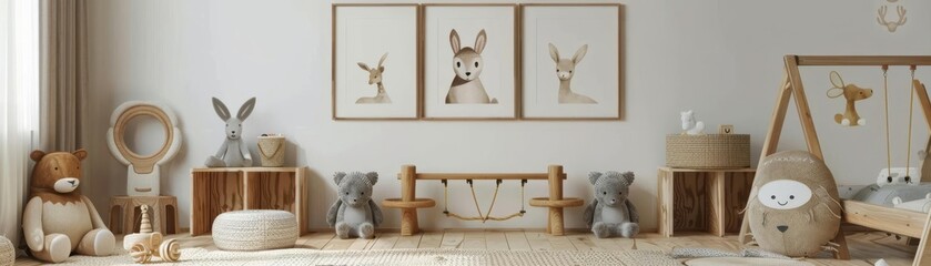 Minimalist kid s playroom with earth tones, a wooden playset, and framed animal artwork, perfect for a serene nursery design