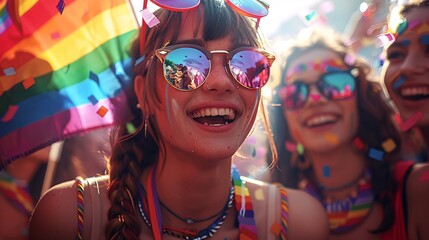 Diverse group of happy teens, including a ladyboy, celebrating Pride Month with flags and bright outfits