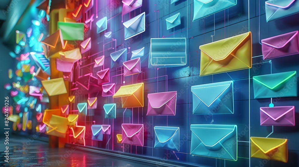 Aufkleber a 3d digital mailbox overflowing with colorful, glowing emails. each email springs to life. generati