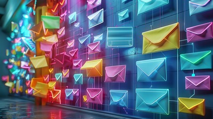A 3D digital mailbox overflowing with colorful, glowing emails. Each email springs to life. Generative AI.
