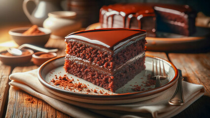 slice of tasty homemade chocolate cake, set on a rustic table.