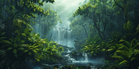 A painting of a jungle with a river running through it generated by AI