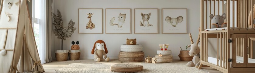 Minimalist kid s playroom with earth tones, a wooden playset, and framed animal artwork, perfect for a serene nursery design