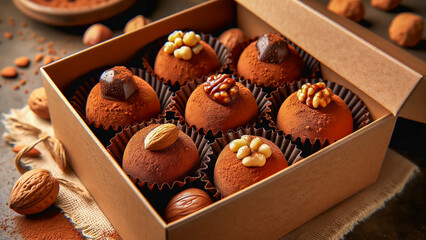 chocolate truffles adorned with nuts and dusted with cocoa