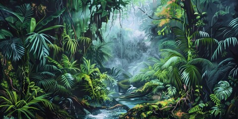 A painting of a jungle with a river running through it generated by AI
