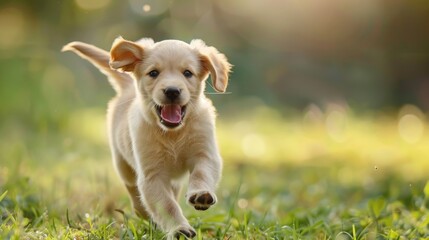 Joyful Puppy Frolicking in Lush Green Field - Playful Pet Enjoying Outdoor Fun with Boundless Energy