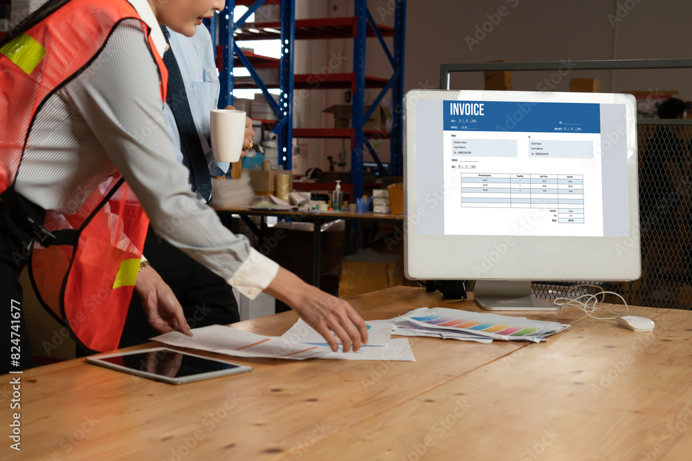 Poster invoice on computer screen from accounting application. computer program for financial and budget of