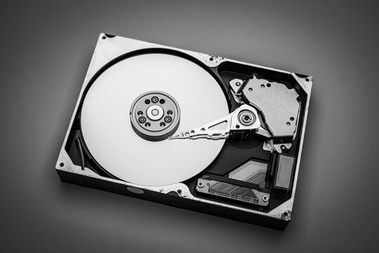 Detailed view of the inside of a hard disk drive