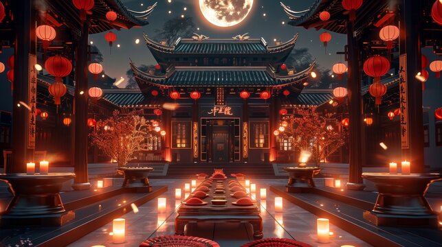 A traditional Chinese courtyard at night. The courtyard is illuminated by moonlight, with a long table in the center adorned with red candles and traditional Chinese fans. Generative AI. - Powered by Adobe