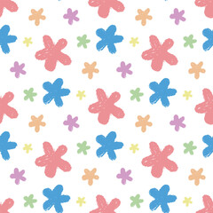 Crayon doodle flowers seamless pattern. Multicolored crayon doodle background. Cute baby print for textile, paper, wallpaper, packaging and other design, vector graphic